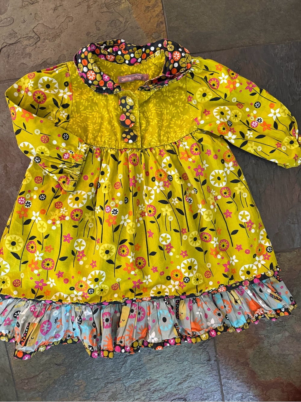 Jelly The Pug cotton Yellow Floral Ruffle Dress with Pink & Black w/ ruffle 3T